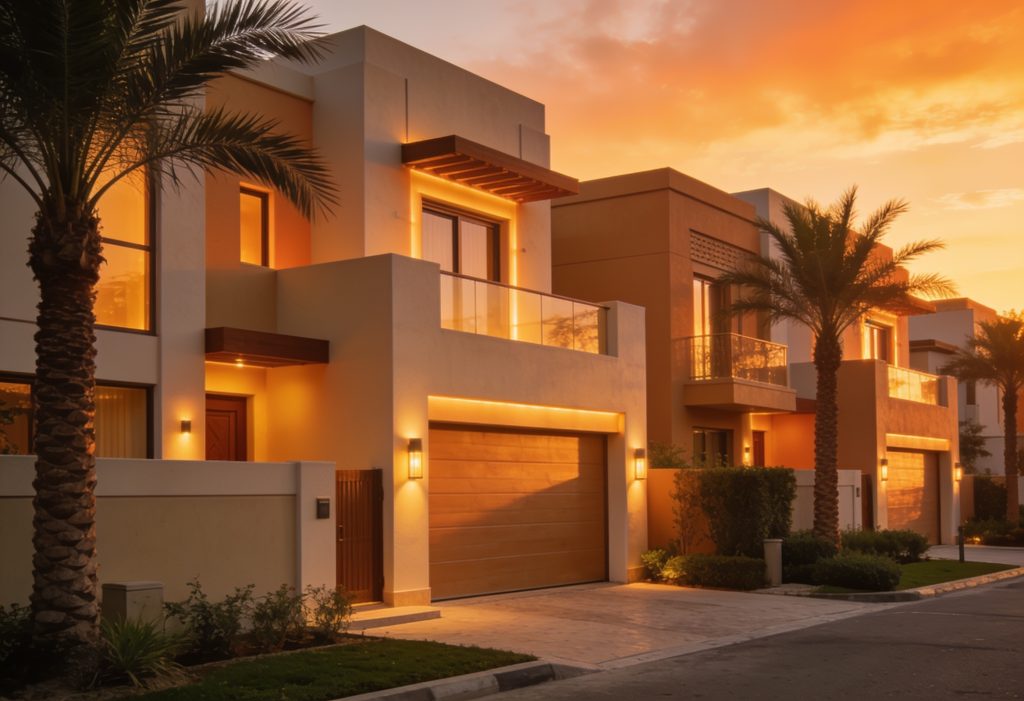 A row of villas at sunset
