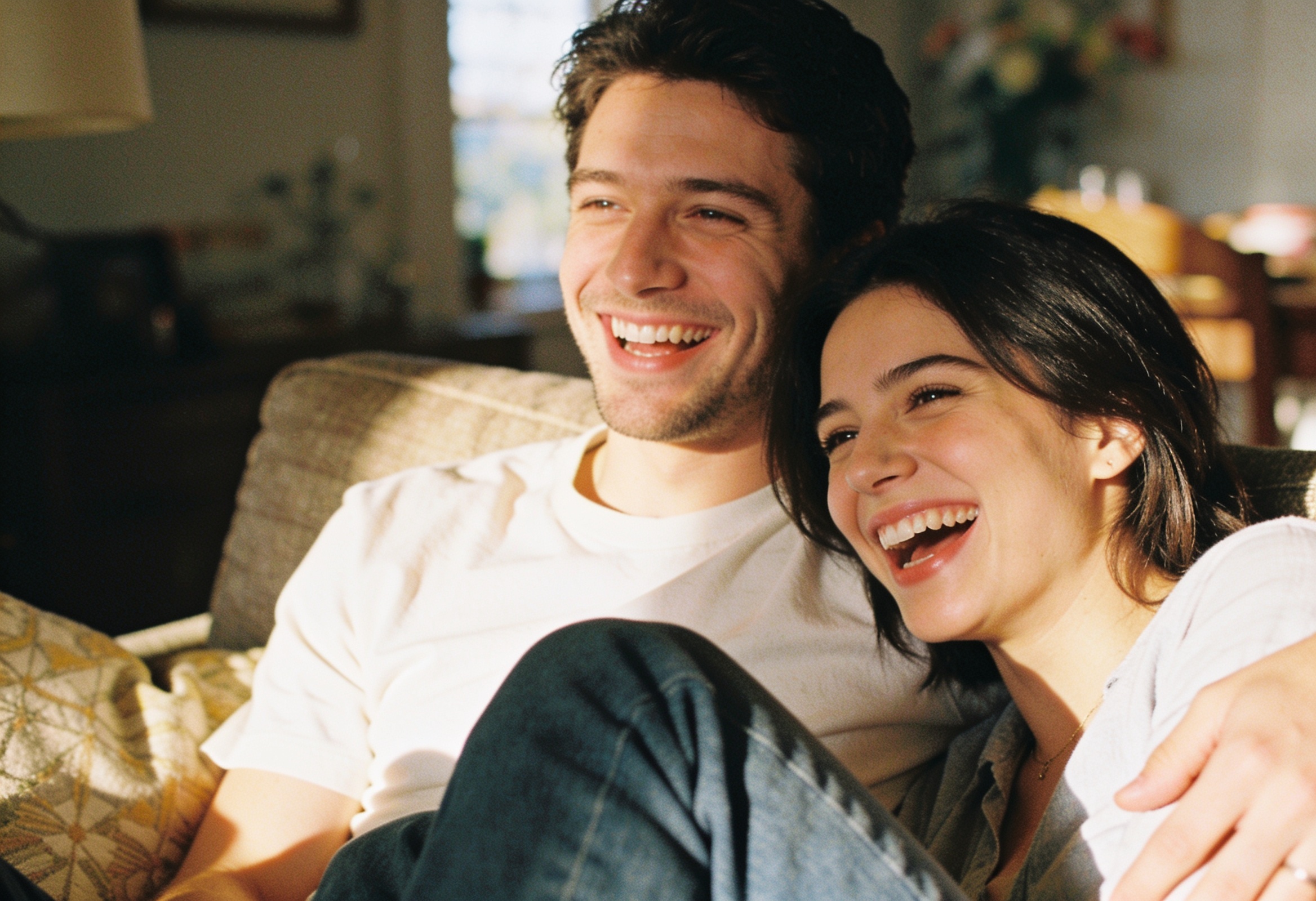 A couple at home, relaxed on the sofa