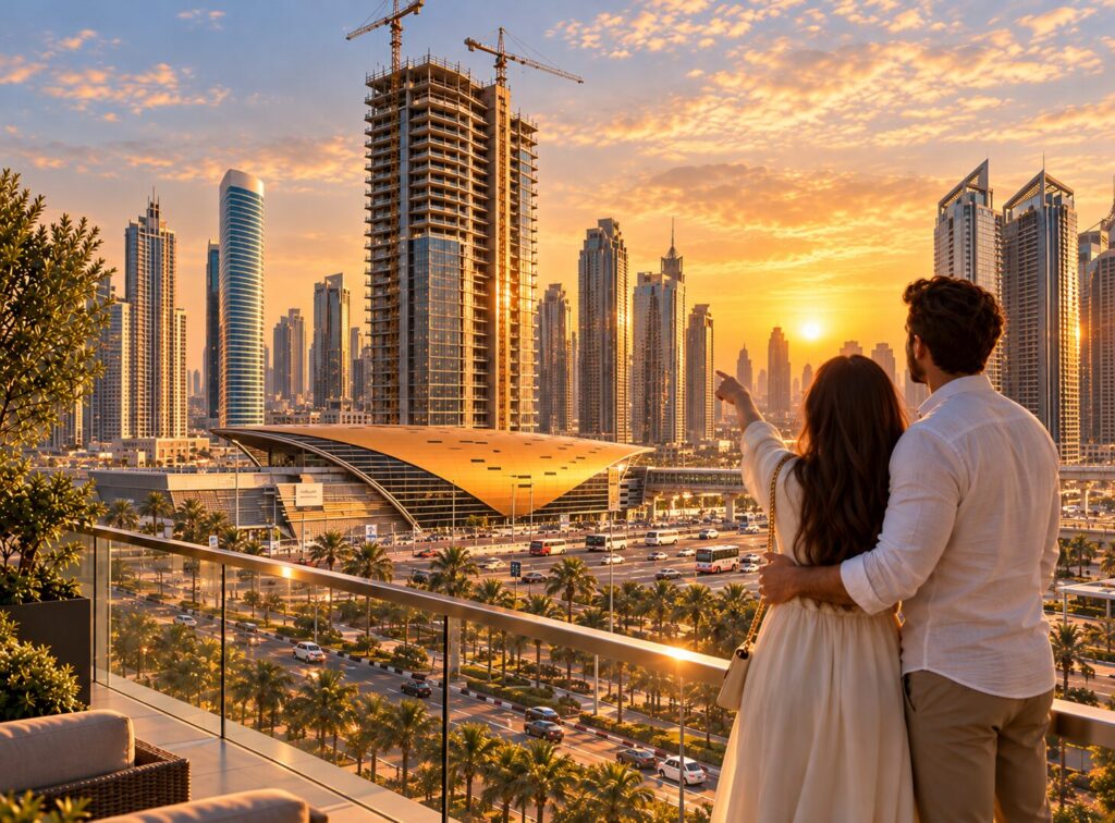 A couple on a balcony pointing at a tower under construction beside a Dubai Metro station at sunset